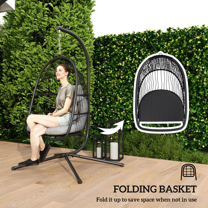 Outsunny Rattan Hanging Egg Chair with Stand, Foldable Wicker Swing Egg Chair with Cushion, Head Pillow, Steel Frame, Hammock Chair for Indoor Outdoor, Capacity 150 kg, Dark Grey