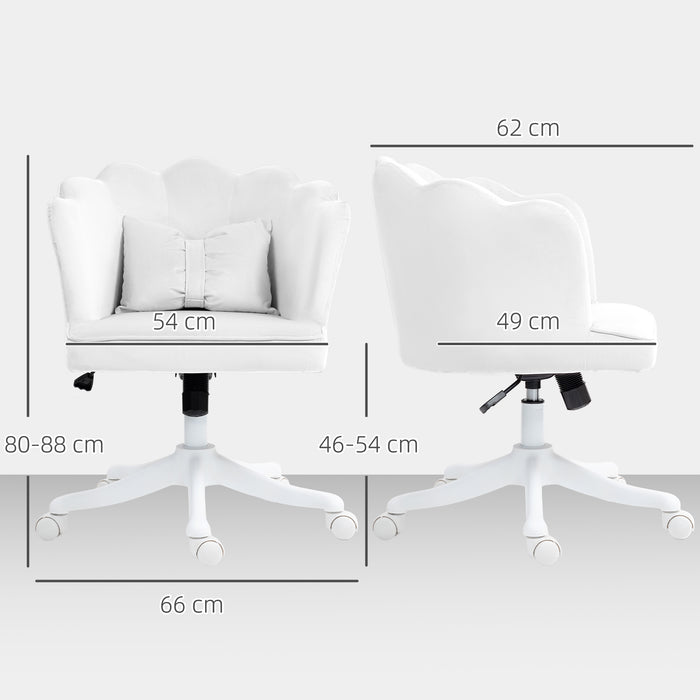 HOMCOM Velvet Office Chair with Petal Shell Back and Lumbar Pillow, Armless Desk Chair with Wide Seat and Tilt Function, Height Adjustable Swivel Makeup Vanity Chair for Bedroom, White