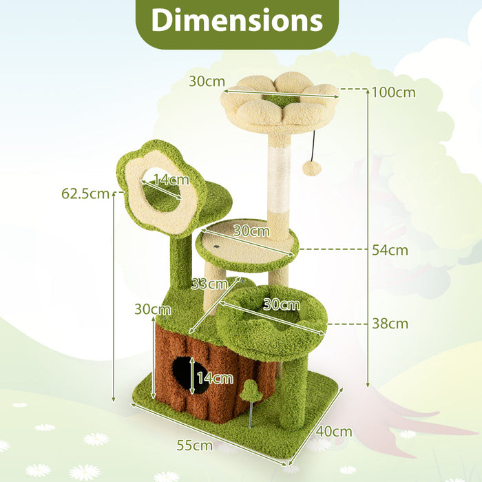Cute Cat Tree for Adult Cats with Trunk Condo and Flower Perch-