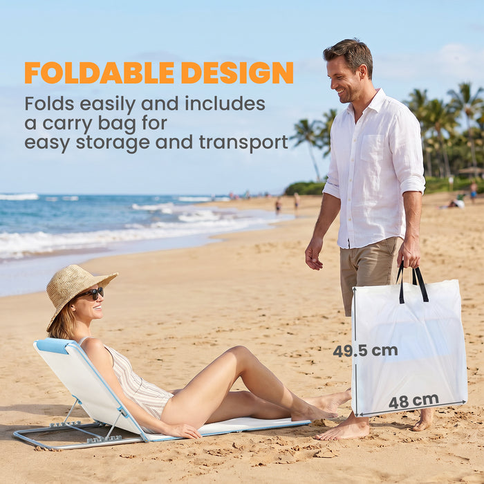 Outsunny Set of 2 Foldable Garden Beach Chair Mat, Lightweight Outdoor Sun Lounger Seats with Adjustable Back, Metal Frame, PE Fabric Head Pillow and Carry Bag, Cream White