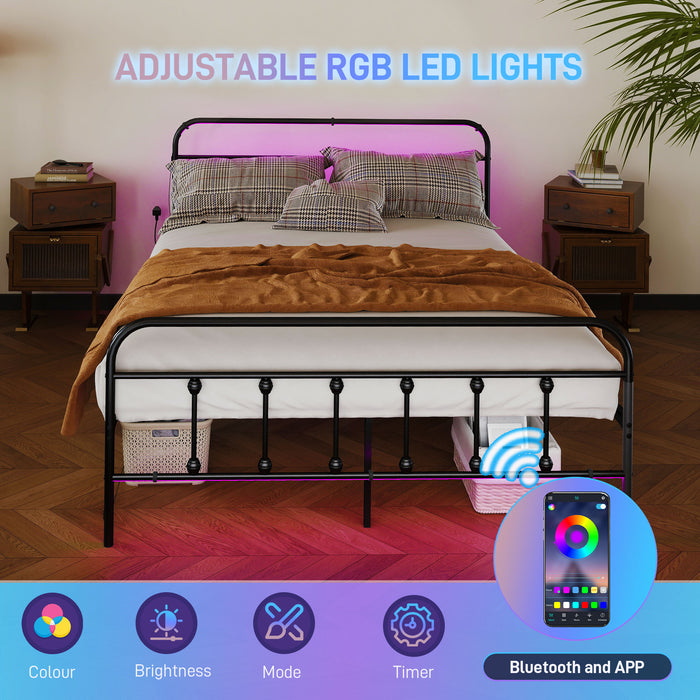 HOMCOM King Bed Frame with LED Lights and Charging Station, Metal Platform Bed Frame with Under Bed Storage, Black
