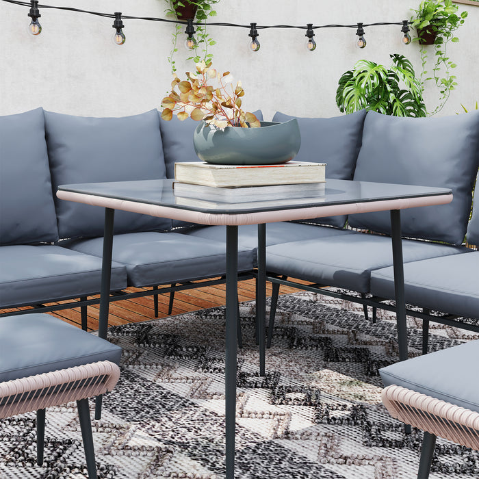 Outsunny 6 Piece Garden Furniture Set, Garden Corner Sofa Set with Thickened Cushions, Outdoor Patio Furniture Set with Glass Top Table, Footstools for Conservatory, Light Brown