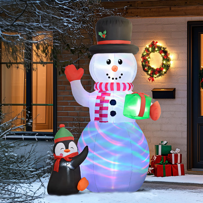 Outsunny 8FT Christmas Inflatable Snowman Holding Gift Box with Penguin, Christmas Blow Up Snowman with Rotating Colorful LED Light for Indoor, Outdoor, Party | Aosom UK