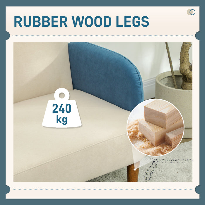 HOMCOM Small 2 Seater Sofa, Modern Nordic Loveseat Sofa Couch with Rubber Wood Legs, Velvet Fabric Sofa for Living Room, Bedroom, Small Space, 128 x 71 x 74cm, Cream White and Blue