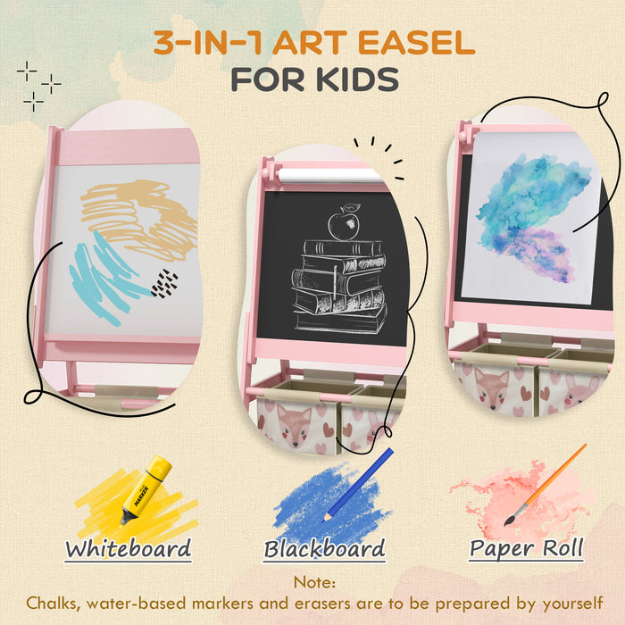 Kids 3-in-1 Easel with Paper Roll - Art Station with Storage for Creative Play - Ideal for Young Artists, Pink