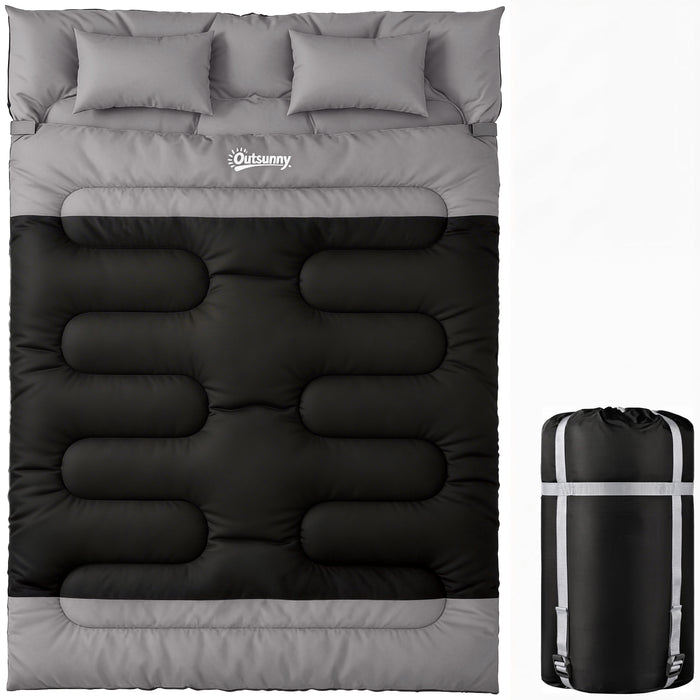 Outsunny Double Sleeping Bag with 2 Pillows, 220 x 160 cm Extra-Large Sleeping Bag for Adults, Black and Grey