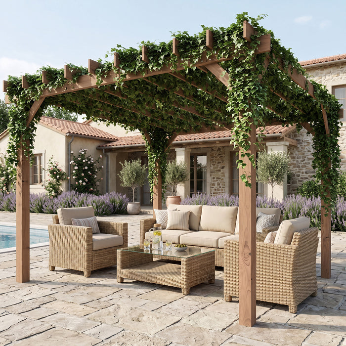 Outsunny 3 x 3 m Wooden Pergola Kit, Garden Pergola Gazebo Grape Trellis with Triangle Supports, Maple Wood-effect