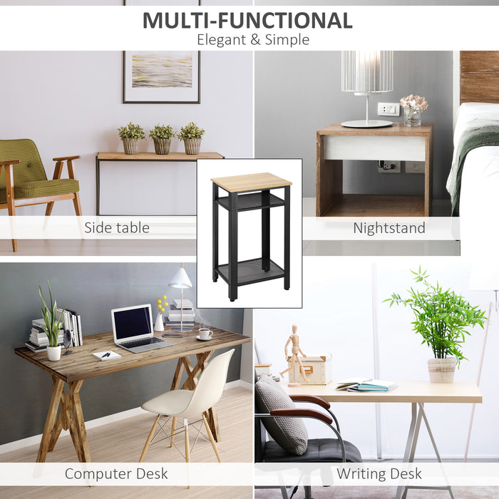 HOMCOM Tall Side Table Set of 2 with 3 Layer, 2 Shelves Storage Display Industrial-Style, Metal Frame, Bedside End Table for Living Room Bedroom, Oak and Black