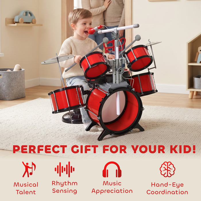 HOMCOM Kids Drum Set for Beginners, Drum Kit with Toy Microphone, Cymbal, Pedal & Drumsticks, Educational Musical Toy, Red