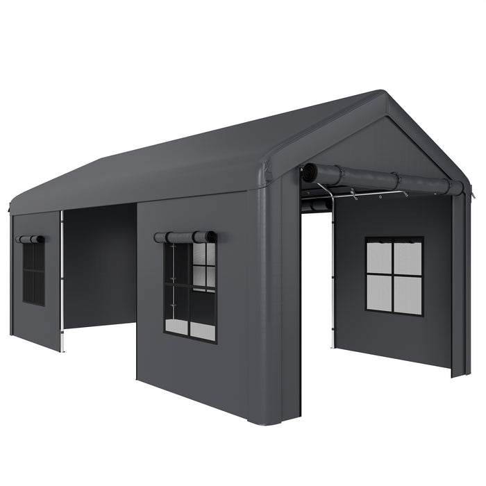Outsunny 3 x 6 m Heavy Duty Carport, Portable Garage Car Canopy Tent with Galvanised Frame, Doors, Windows, Dark Grey