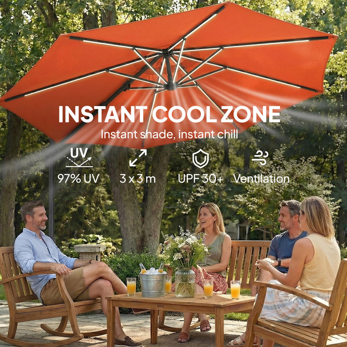 Outsunny 3 m Garden Cantilever Parasol with LED Solar Light, Round Overhanging Umbrella with 360° Rotation, Cover, Orange