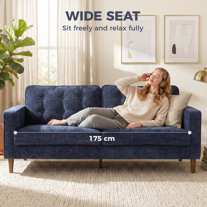 HOMCOM 3 Seater Sofa Button Tufted Upholstered Velvet Couch with Wood Legs for Living Room, Dark Blue