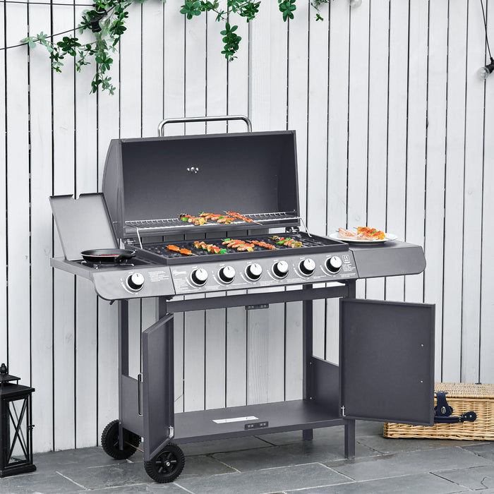 Outsunny 6+1 Burner Gas BBQ Grill, Outdoor Barbecue Trolley with Wheels, Warming Rack, Side Shelves, Cabinet, Thermometer for Garden, Party, Camping, 135 x 51.5 x 100cm, Grey