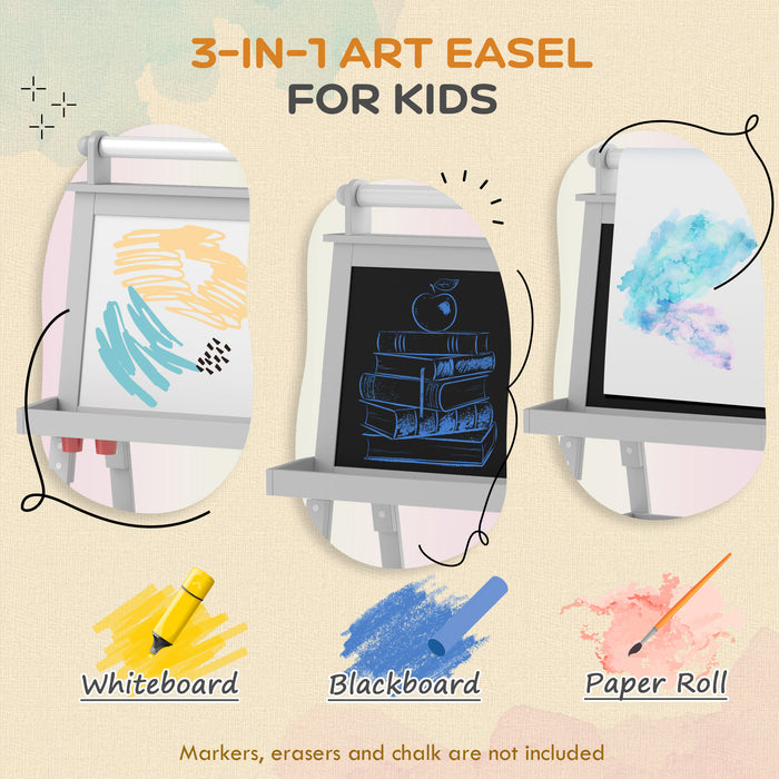 Aosom 3-in-1 Kids Easel - Double-Sided Magnetic Whiteboard & Chalkboard, Paper Roll, Storage Baskets - Creative Learning Tool for Children