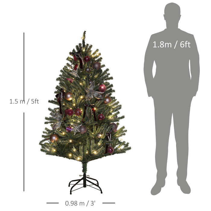HOMCOM 5ft Artificial Prelit Christmas Tree with Warm White LED Lights and 486 Tips, Metal Stand, Xmas Tree with Purple Ornaments for Home Office Holiday | Aosom UK