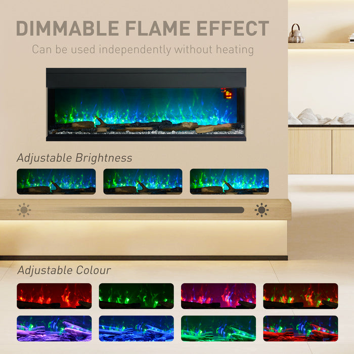 HOMCOM 60inch/ 152cm Media Electric Fireplace Wall Mounted, Recessed, Insert, Freestanding, Glass Electric Fire with Adjustable LED Flame Effect, Log, Crystal, Remote Control, 1800W, Black | Aosom UK