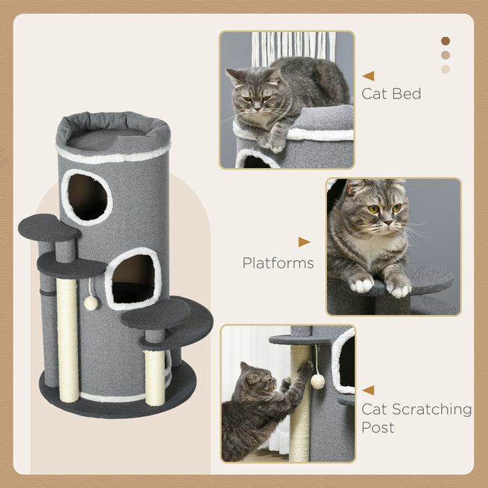 Barrel Shaped Cat Tree with Sisal Scratching Posts - Multi-Level Playground with Cat Bed & Platforms, Hanging Toy - Perfect for Scratching, Climbing, and Napping
