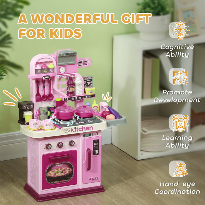 AIYAPLAY Kids Kitchen with 33 Piece Accessories, Lights, Sounds, Storage, for Children 3-6 Years, Pink | Aosom UK