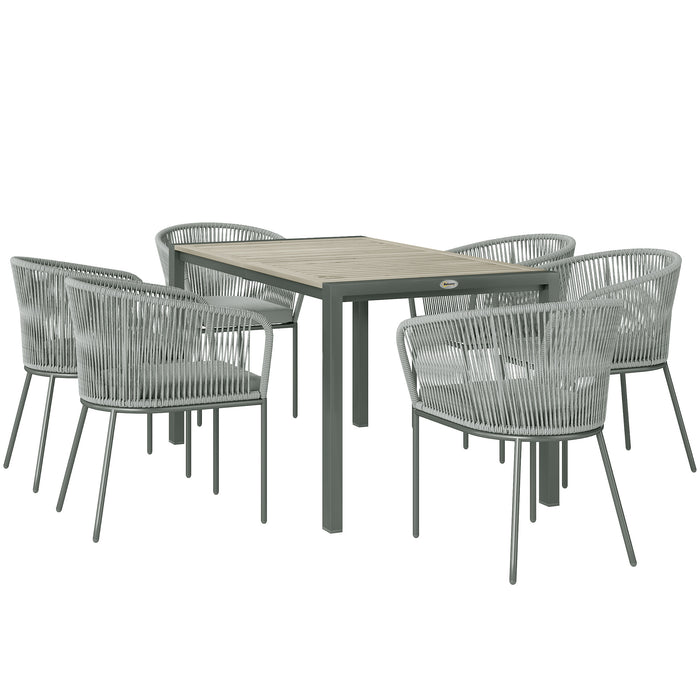 Outsunny Rattan Dining Set, 6 Seater Rattan Garden Furniture Set with Acacia Wood Top Rectangle Table, 6 Chairs, Washable Seat Cushions, for Outdoor, Patio, Conservatory, Grey