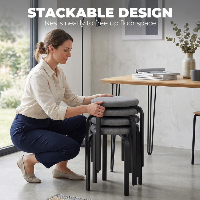 HOMCOM Stackable Stools Modern Cushioned Round Backless Stools Set of 4 Kitchen Dining Room Dark Grey
