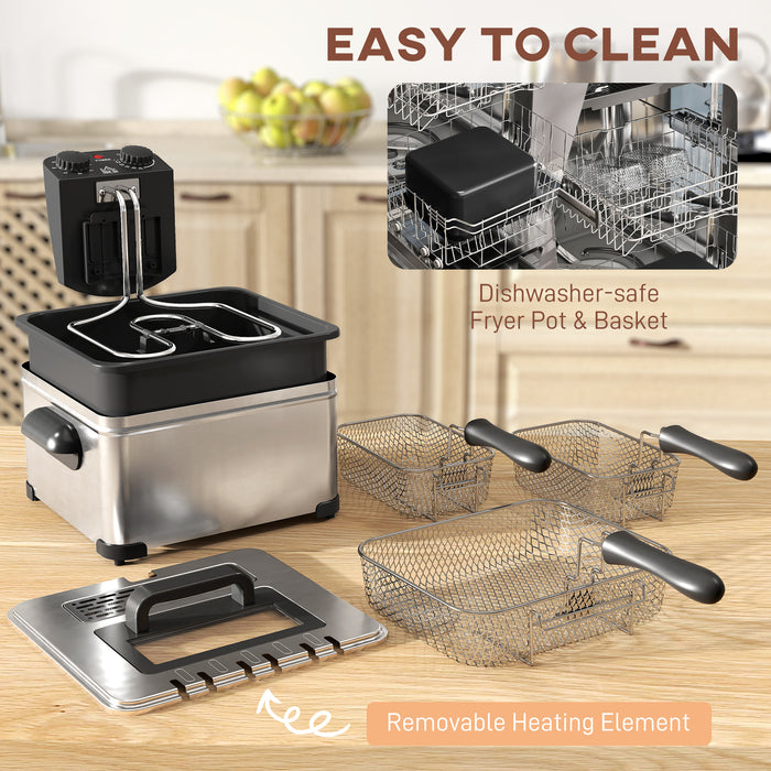 HOMCOM 5 Litre Deep Fat Fryer with Adjustable Temperature & Timer, 2000W Stainless Steel Deep Fryer with Removable Oil Basket and Viewing Window, for Chips Fried Chicken