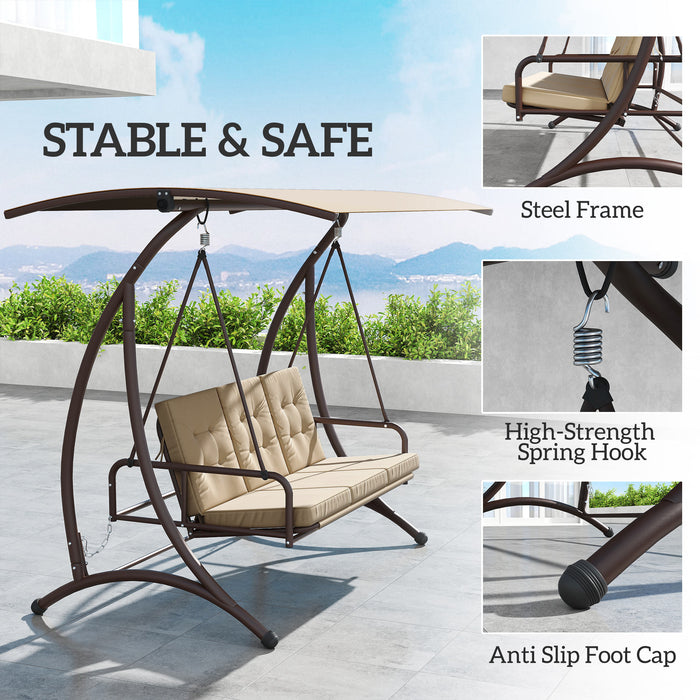 Outsunny 3 Seater Garden Swing Seat Bed, Convertible Swing Chair Bench with UPF30+ Adjustable Canopy, Cushioned Seat and Weather Resistant Steel Frame, Khaki