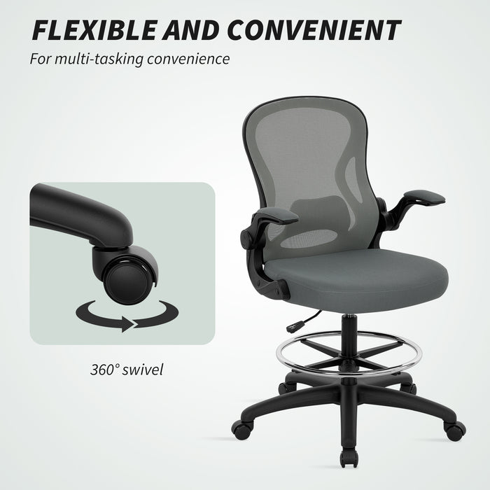 Vinsetto Draughtsman Chair with Flip-up Armrests, Mesh Standing Desk Chair with Lumbar Support and Adjustable Foot Ring for Bar Counter, Charcoal Grey