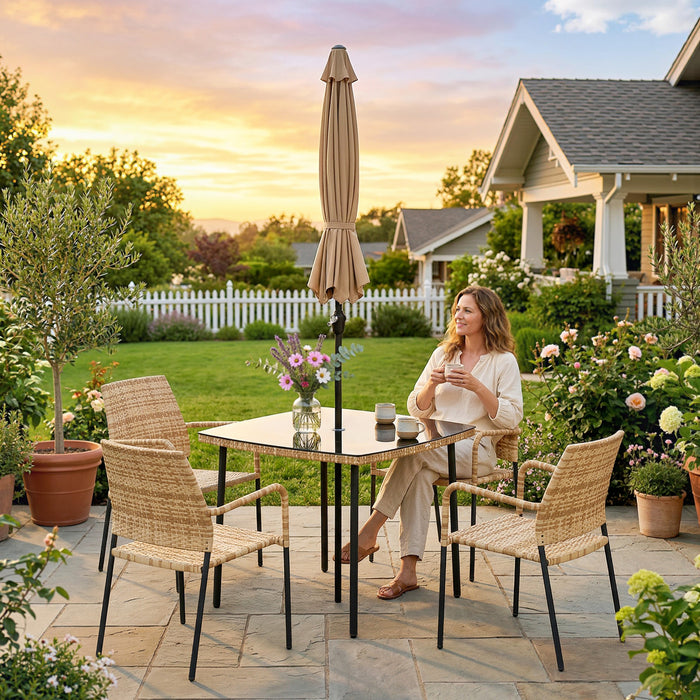 Outsunny 4 Seater Rattan Dining Set with Parasol, 6 Piece Garden Table and Stackable Chairs with Tempered Glass Tabletop