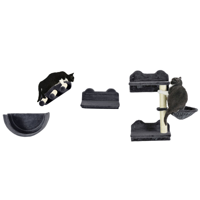 Wall-Mounted Cat Shelving Set with Accessories - Includes Scratching Post, Hammock, and Cozy Nest in Dark Grey - Perfect for Playful Felines & Space-Saving Pet Furniture