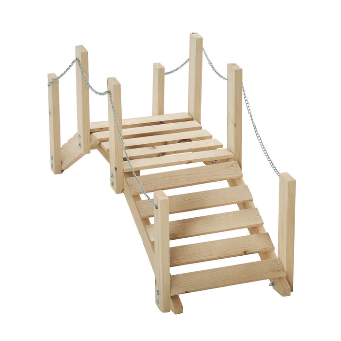 Outsunny Small Fir Wooden Garden Bridge, Arch Walkway with Metal Chain Railings for Landscape Creek Pond, Natural Wood