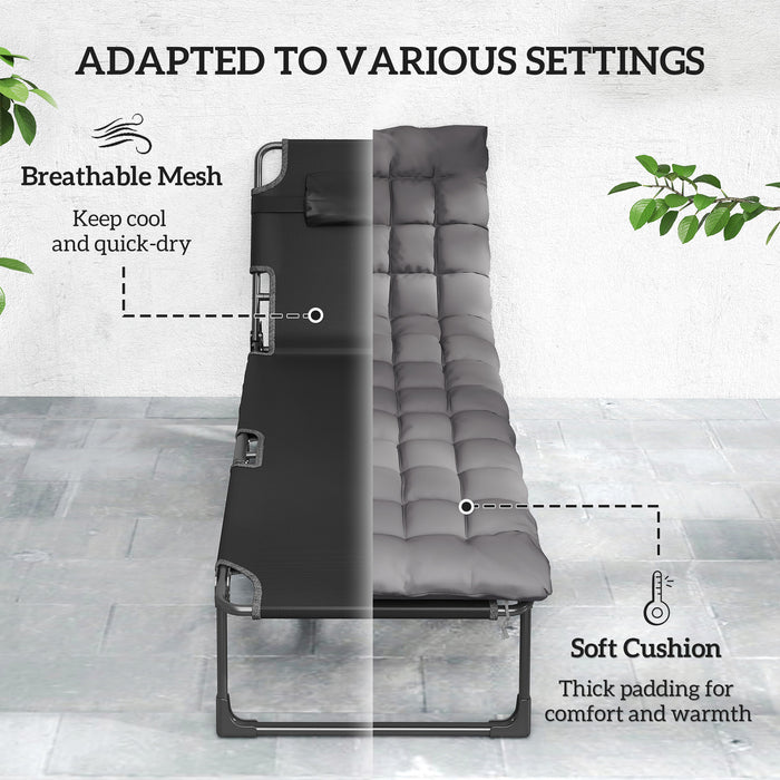Outsunny Folding Sun Lounger for Garden, 5-Position Oversized Camping Bed Recliner with Cushions, Dark Grey