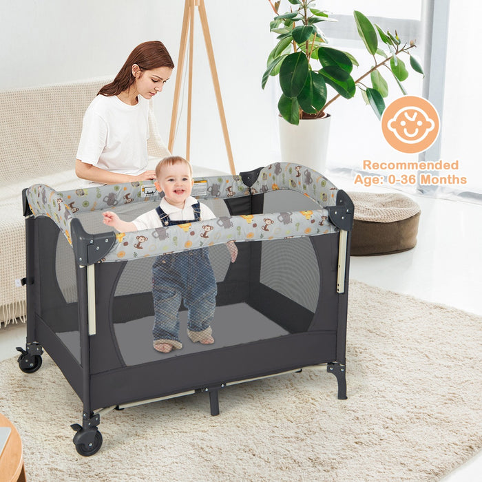 3-in-1 Foldable Baby Travel Cot with Changing Tab and Mattress-