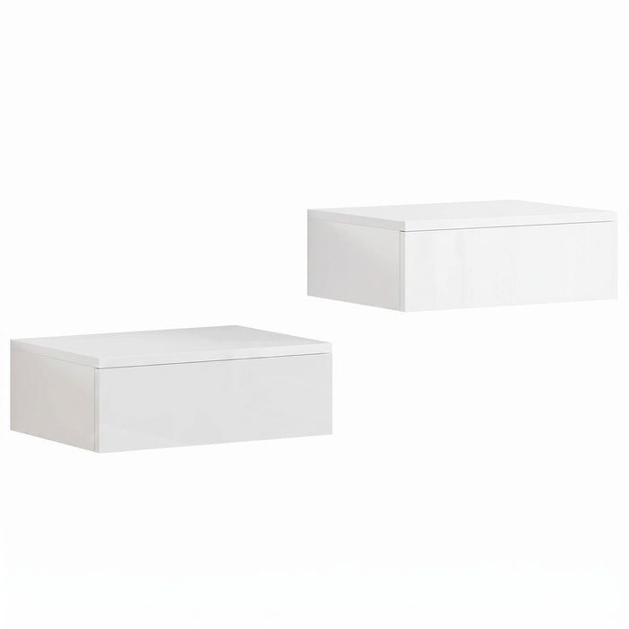 HOMCOM Floating Bedside Table Set of 2, Wall-Mounted Nightstand with High Gloss Finish & Storage Drawer, White