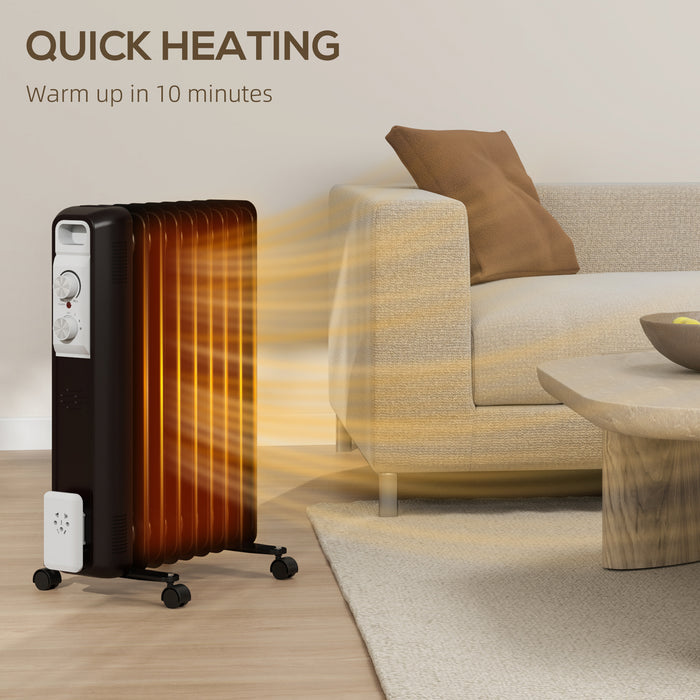HOMCOM 2000W Quiet Oil Filled Radiator, 9 Fin Energy Efficient Portable Electric Heater with 3 Heat Settings, Adjustable Temperate, Safety Tip Over, Overheat Protection, Wheels, for Home, Black | Aosom UK
