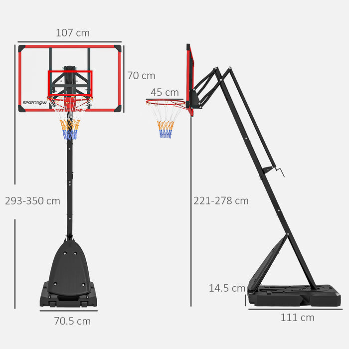 Adjustable Basketball Hoop 2.4-2.9m - Stand with Weighted Base, Wheels, Red - Perfect for Home or School Sports Outdoor Fun