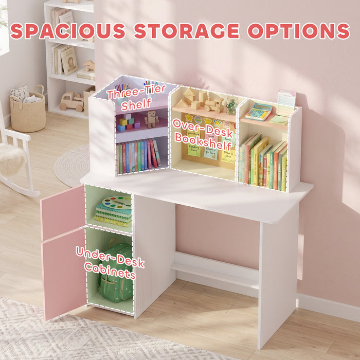 AIYAPLAY Kids Desk and Chair Set Storage Shelves Kids Desk Adjustable Tablet Stand Cork Board Pen Holder Pink