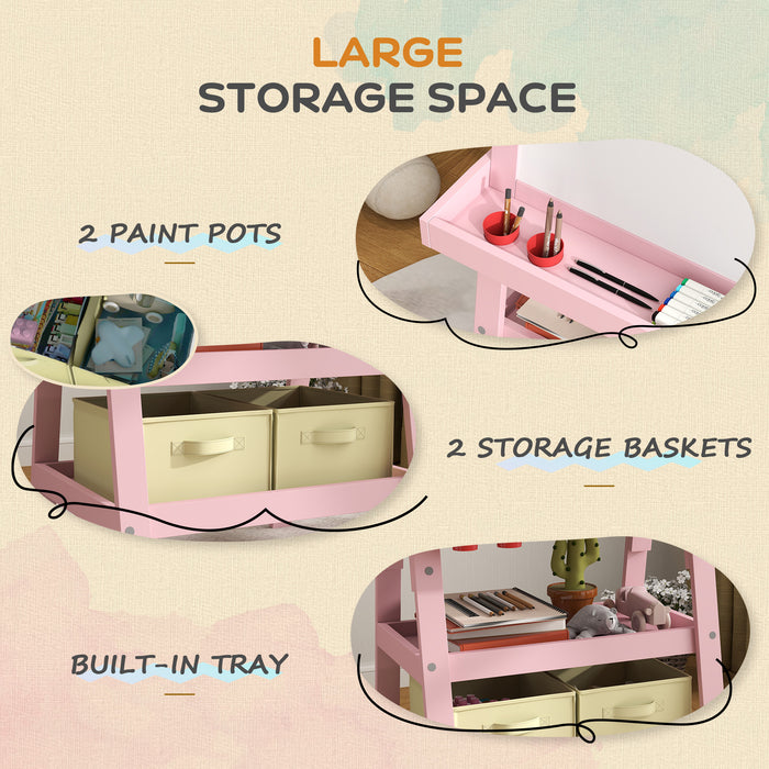 AIYAPLAY 3 in 1 Kids Easel Double-Sided Magnetic Whiteboard and Chalkboard with Paper Roll, Storage Baskets - Pink | Aosom UK