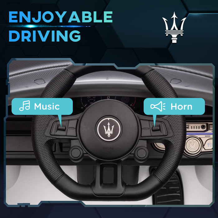 AIYAPLAY Maserati GT2 Licensed 12V Kids Electric Ride on Car with 4 Suspension, Remote Control Music Horn Lights - White