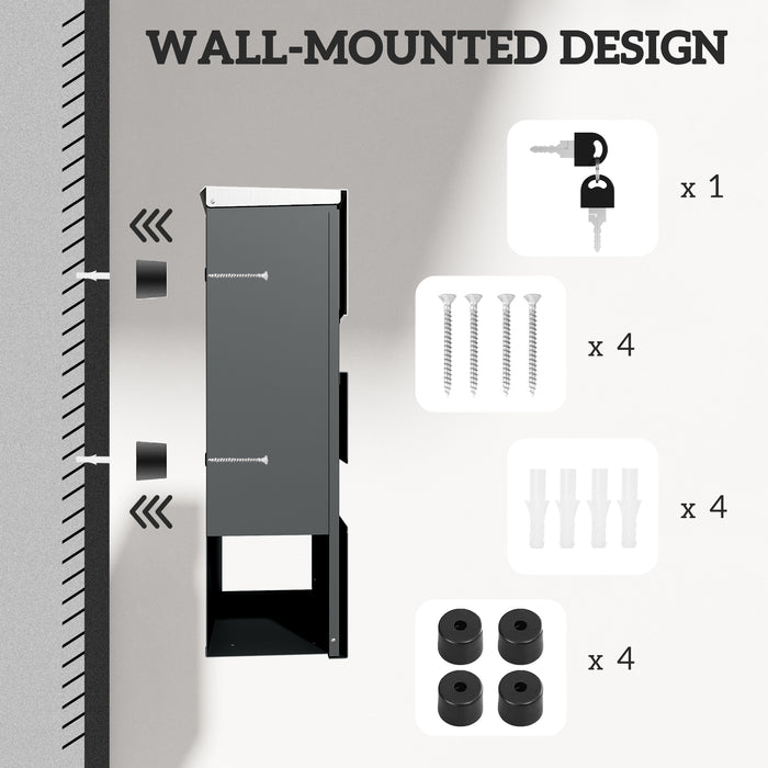 HOMCOM Wall Mounted Post Box with Viewing Window, 2 Lock, Modern Galvanised Steel Mailbox with Copper Core, Weatherproof Letterbox for Outdoor Use, Easy to Install, Charcoal Grey