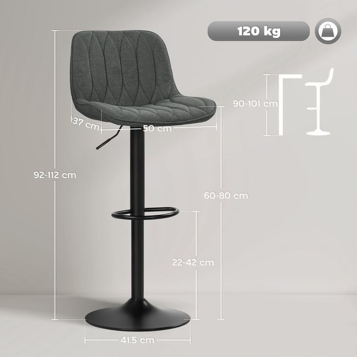 HOMCOM Bar Stools Set of 2, Height Adjustable Swivel Barstools with Backrest and Footrest, Modern Linen Upholstered Armless Bar Chairs for Kitchen, Breakfast Counter, Charcoal Grey