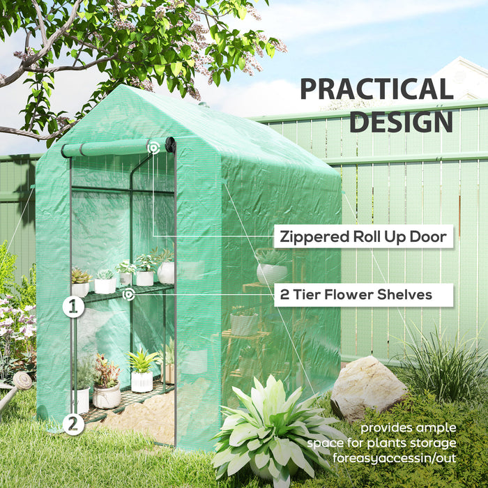 Outsunny Walk-in Greenhouse with 2 Tier 4 Shelves, Small Greenhouse with Reinforced PE Cover, Garden Plant Growhouse with Roll-up Door, 120 x 186 x 190 cm, Green
