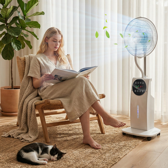 HOMCOM 135cm Pedestal Fan with Water Mist Spray Humidifying Misting Fan, White