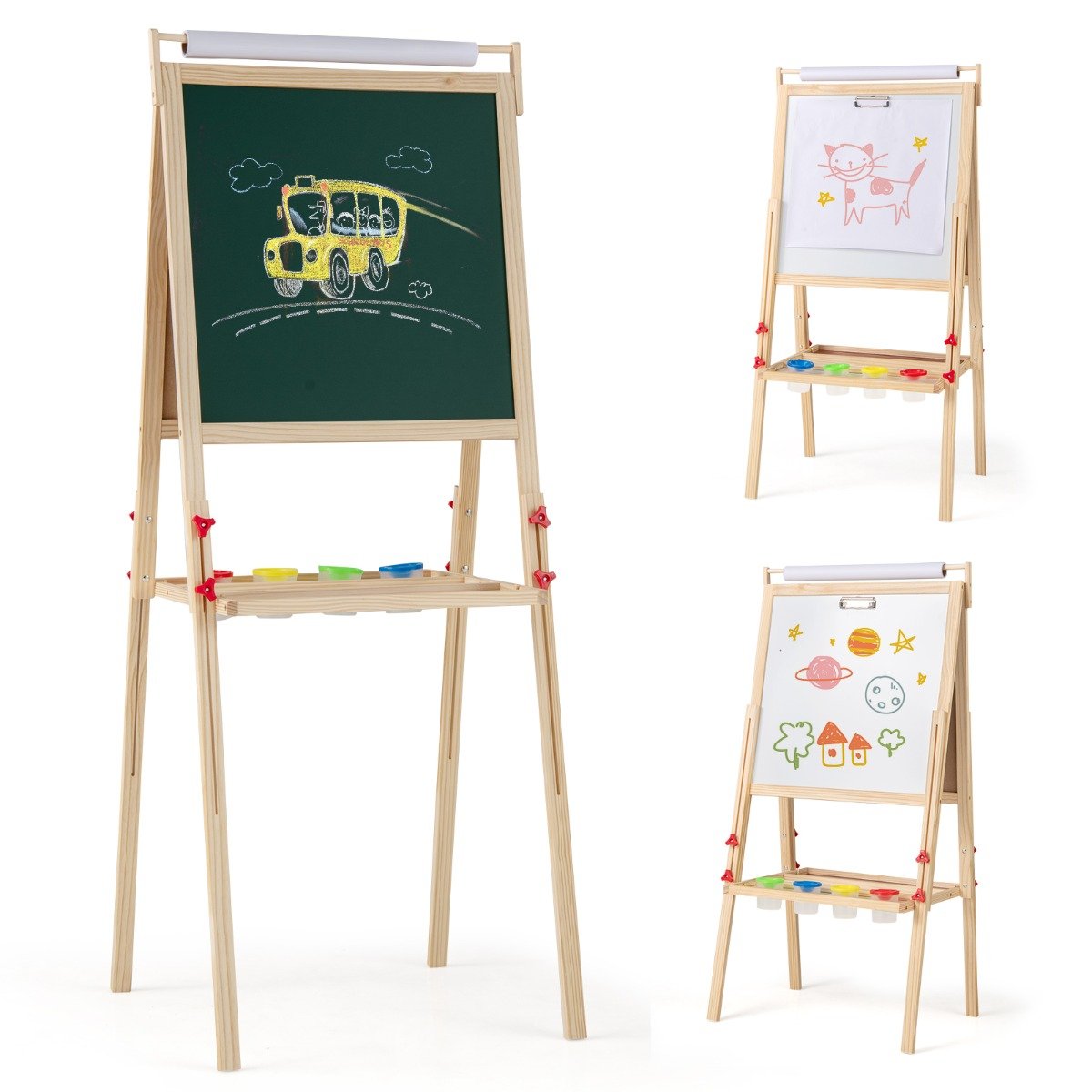 Double-sided Height Adjustable Wooden Art Easel for 3-10 Yeas Old-Natural