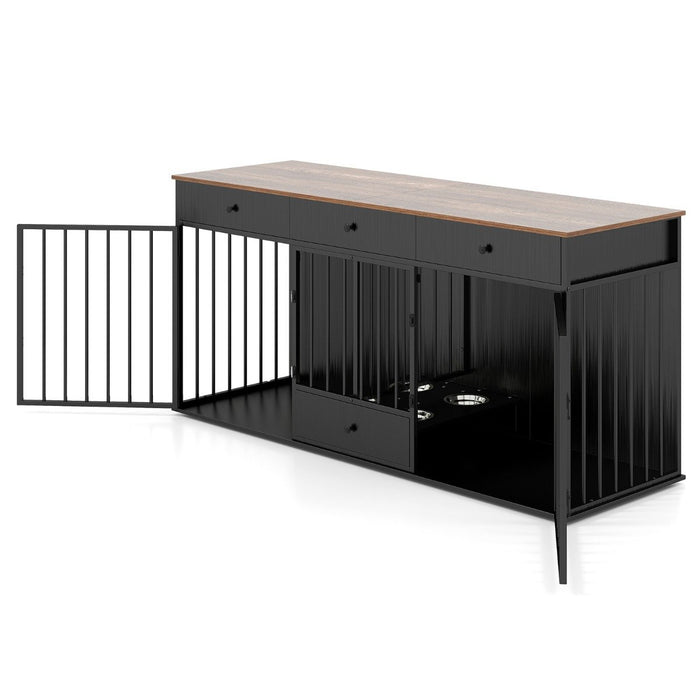 Double Dog Crate Furniture Dog Kennel with Pull-out Feeder and 3 Drawers-