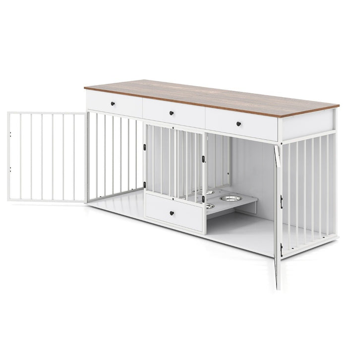 Double Dog Crate Furniture Dog Kennel with Pull-out Feeder and 3 Drawers-