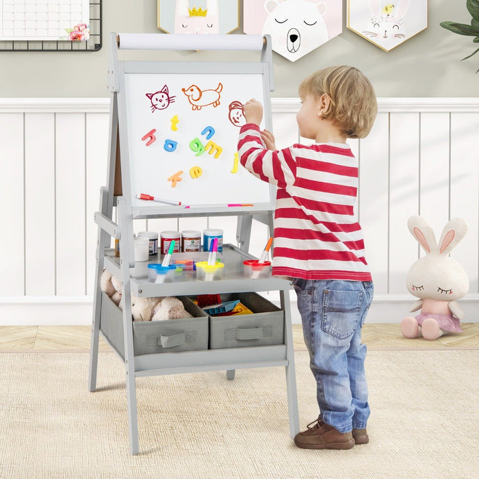 Double-sided Kids Easel with Magnetic Whiteboard and Chalkboard-Grey