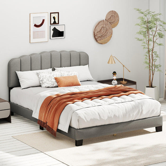 Double Size Linen Upholstered Platform Bed with Adjustable Scalloped Tufted Headboard-Double Size-
