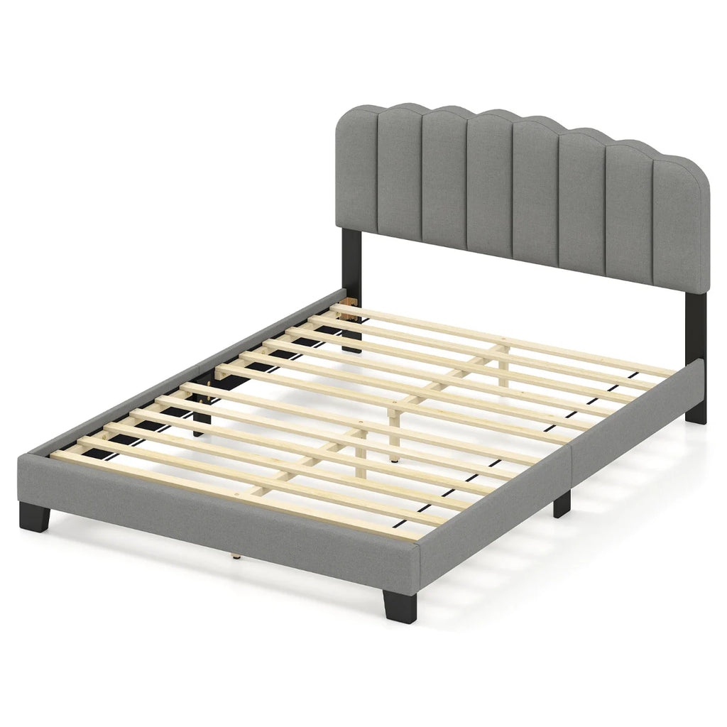 Double Size Linen Upholstered Platform Bed with Adjustable Scalloped Tufted Headboard-Double Size-