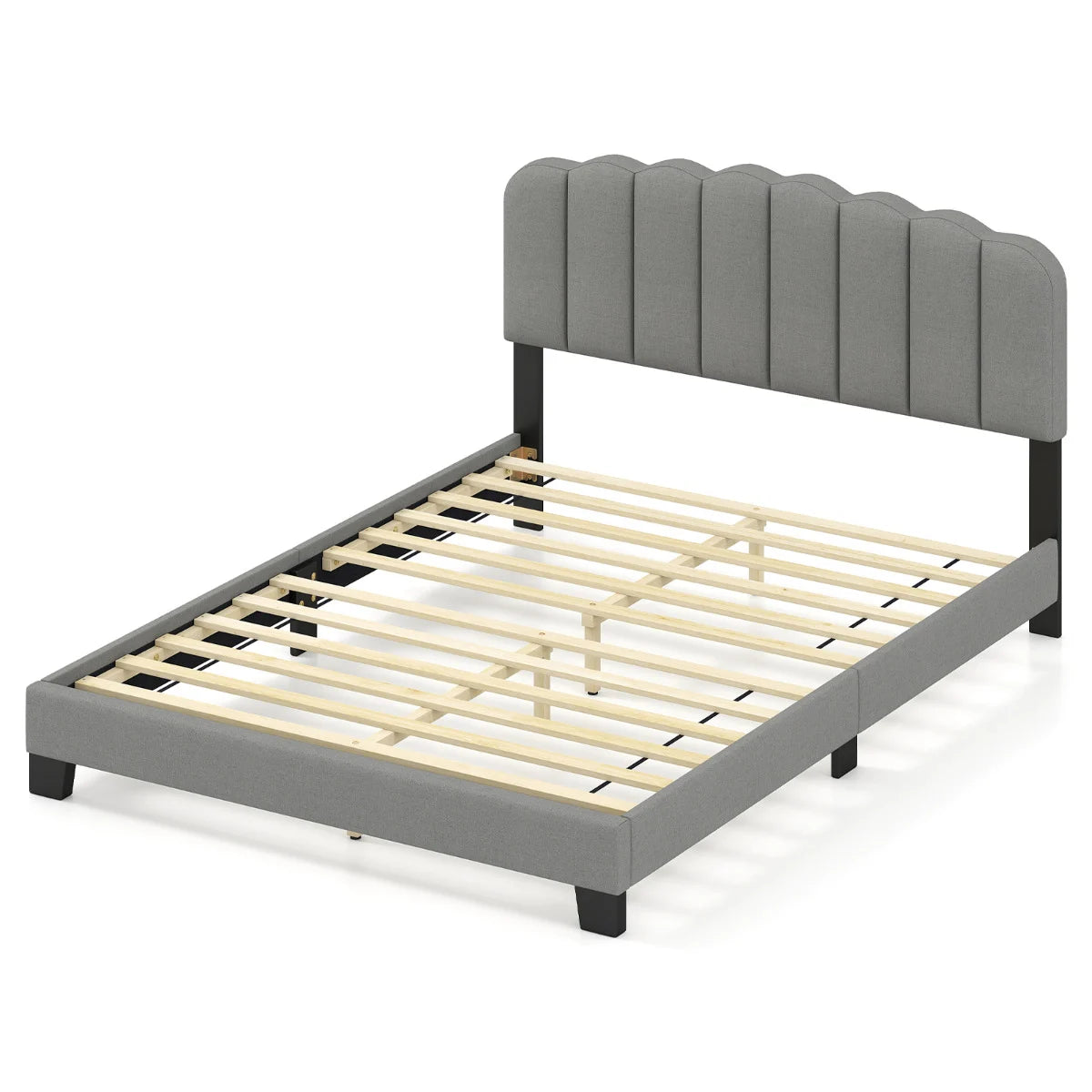 Double Size Linen Upholstered Platform Bed with Adjustable Scalloped Tufted Headboard-Double Size-