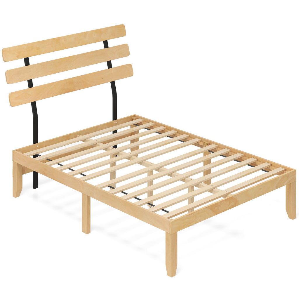Solid Wood Platform Bed with Retro Headboard Slats Support Mattress Foundation-Natural-